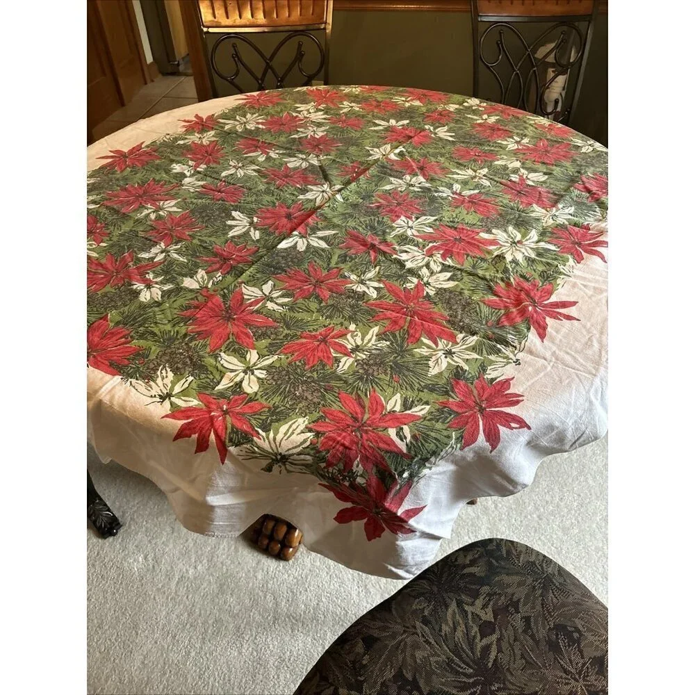 Vintage Poinsettia Cotton Tablecloth 62 X 49 Red Green & White Holiday Christmas